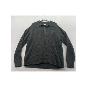 Mifland Sweater Mens M Black Knit Polo Open Weave Crochet Long Sleeve